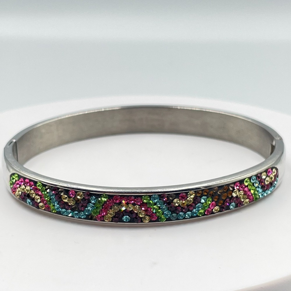 Vintage Y2K Multi Color Rhinestone Silver Tone Hinged Bangle Bracelet Classic